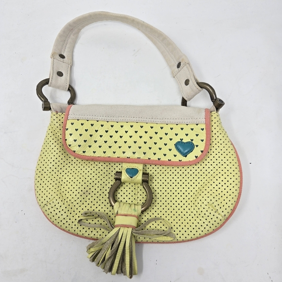 GAP Y2K VTG Butter Yellow Cow Leather Small Shoulder Bag Purse Pink Aqua - Picture 1 of 14
